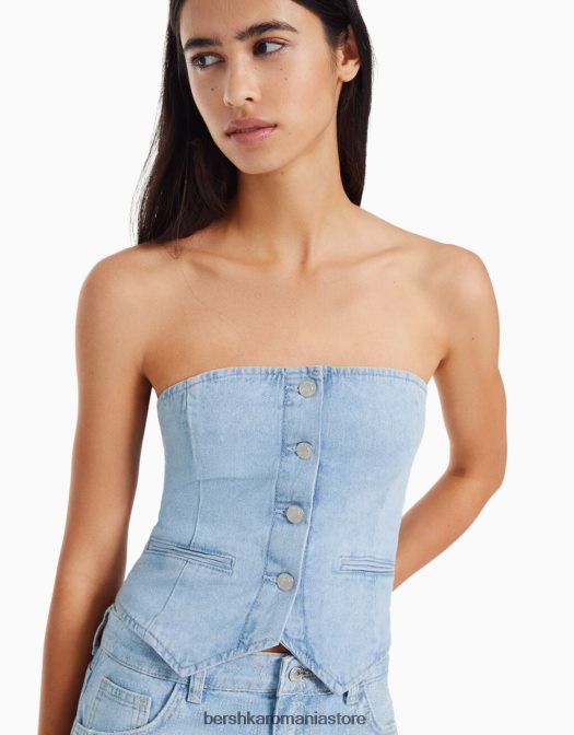 Bershka femei vestă din denim cu umeri și nasturi expuși albastru deschis Z86D1955 îmbrăcăminte