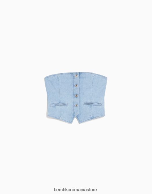 Bershka femei vestă din denim cu umeri și nasturi expuși albastru deschis Z86D1955 îmbrăcăminte