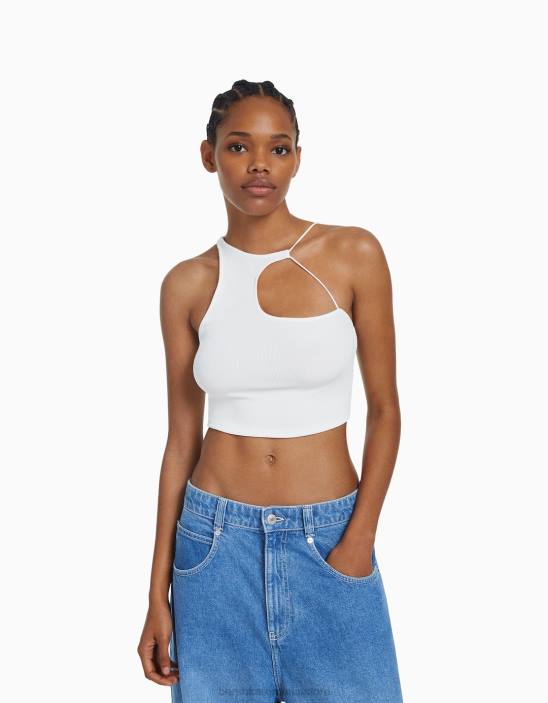Z86D708 femei alb crop top asimetric fără mâneci Bershka îmbrăcăminte