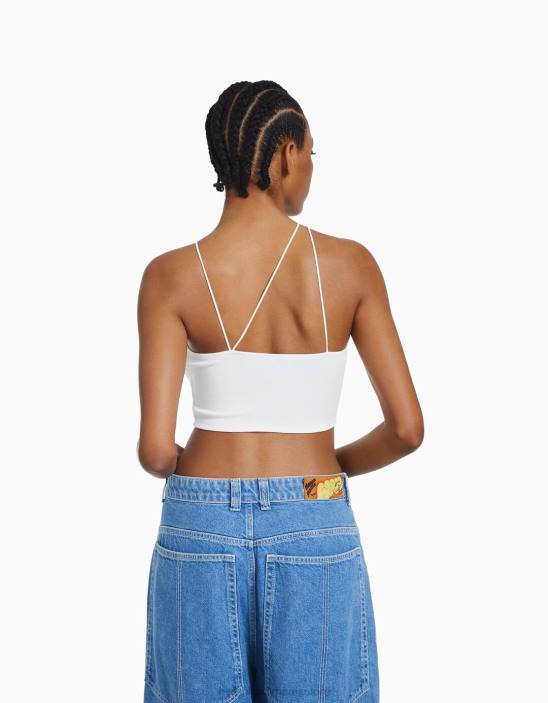 Z86D708 femei alb crop top asimetric fără mâneci Bershka îmbrăcăminte