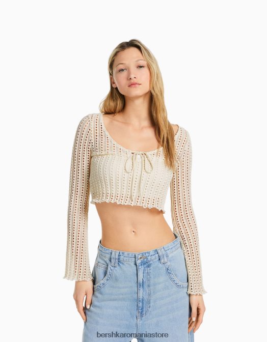 Bershka femei pulover croșetat cu mâneci lungi evazate bej Z86D985 îmbrăcăminte