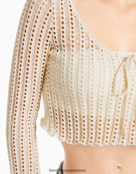 Bershka femei pulover croșetat cu mâneci lungi evazate bej Z86D985 îmbrăcăminte