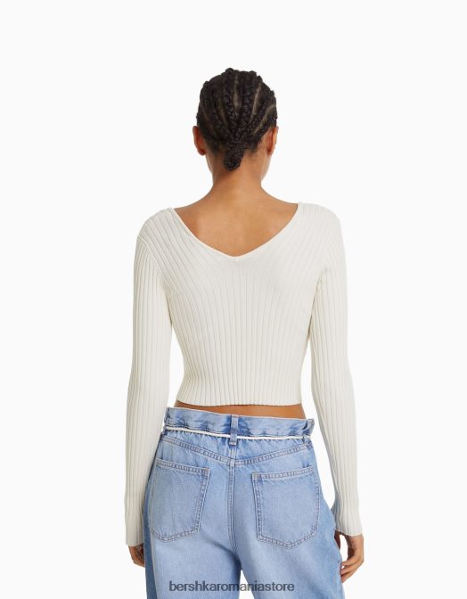 Bershka femei pulover cu coaste cu decolteu în V cremă Z86D979 îmbrăcăminte