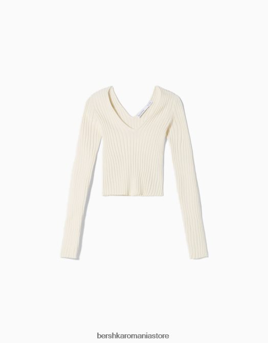 Bershka femei pulover cu coaste cu decolteu în V cremă Z86D979 îmbrăcăminte