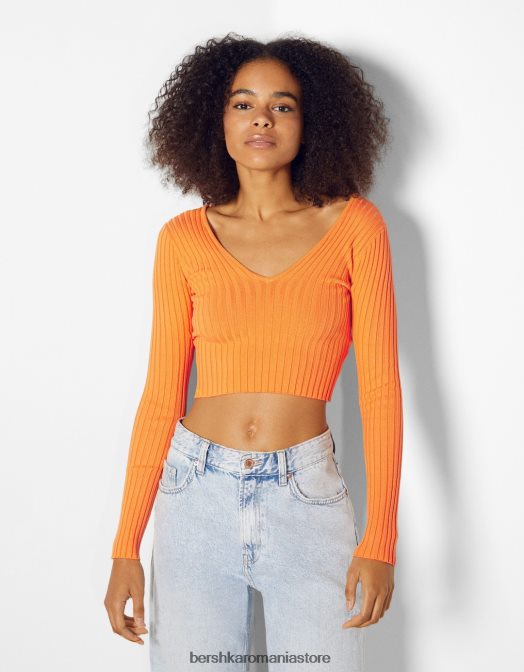 Bershka femei pulover cu coaste cu decolteu în V portocale Z86D1057 îmbrăcăminte
