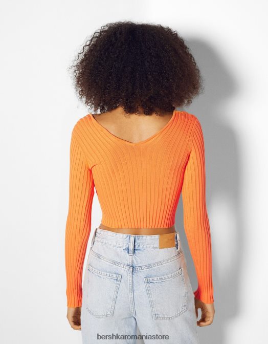 Bershka femei pulover cu coaste cu decolteu în V portocale Z86D1057 îmbrăcăminte