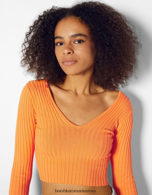 Bershka femei pulover cu coaste cu decolteu în V portocale Z86D1057 îmbrăcăminte