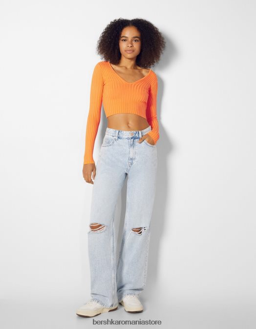 Bershka femei pulover cu coaste cu decolteu în V portocale Z86D1057 îmbrăcăminte