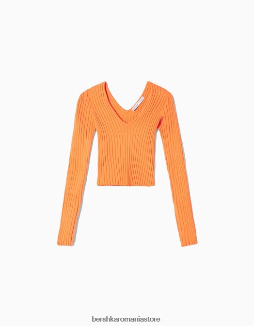 Bershka femei pulover cu coaste cu decolteu în V portocale Z86D1057 îmbrăcăminte