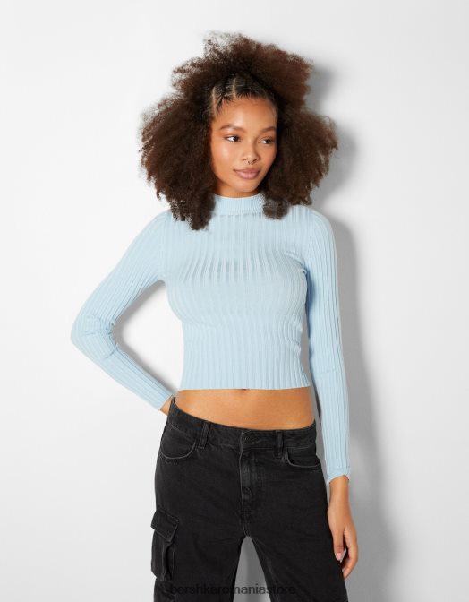 Bershka femei pulover cu coaste cu gât înalt albastru deschis Z86D1024 îmbrăcăminte
