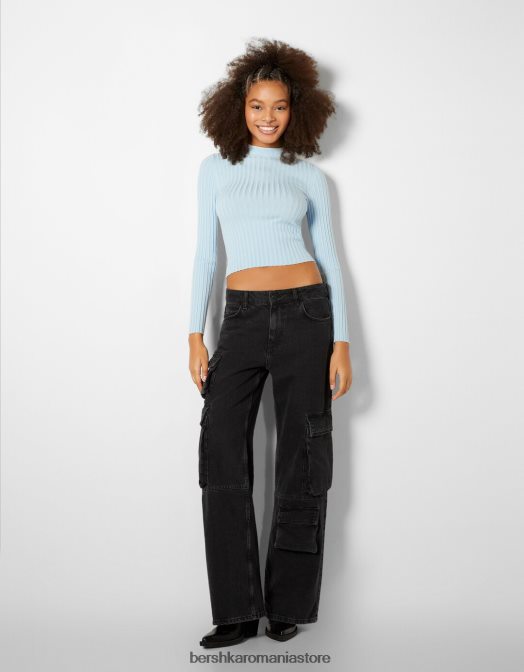 Bershka femei pulover cu coaste cu gât înalt albastru deschis Z86D1024 îmbrăcăminte