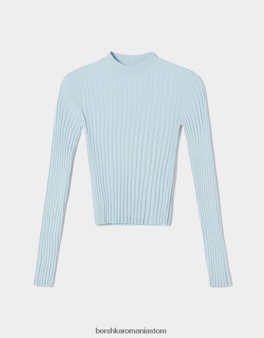 Bershka femei pulover cu coaste cu gât înalt albastru deschis Z86D1024 îmbrăcăminte