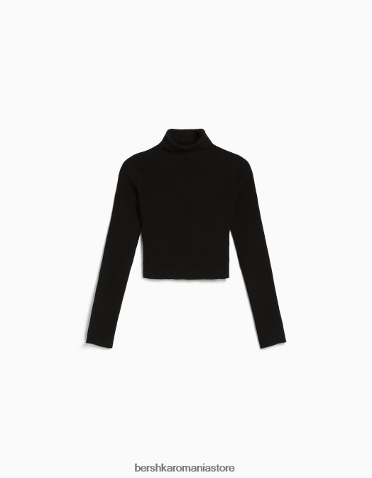 Bershka femei pulover cu coaste cu gât înalt negru Z86D1055 îmbrăcăminte