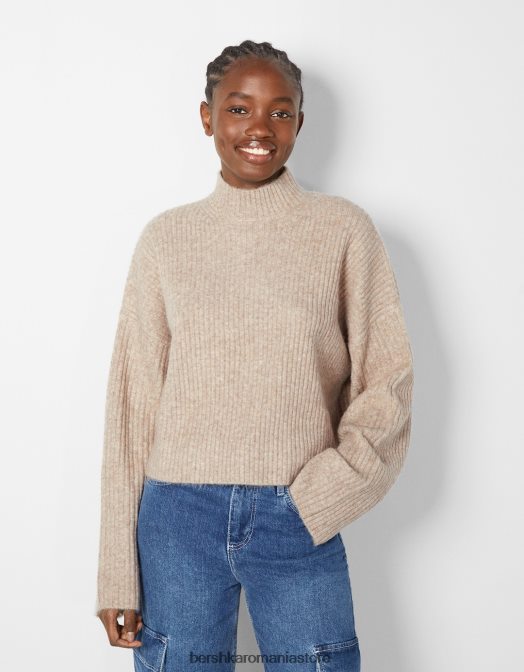 Bershka femei pulover cu coaste cu gât înalt nisip Z86D1005 îmbrăcăminte