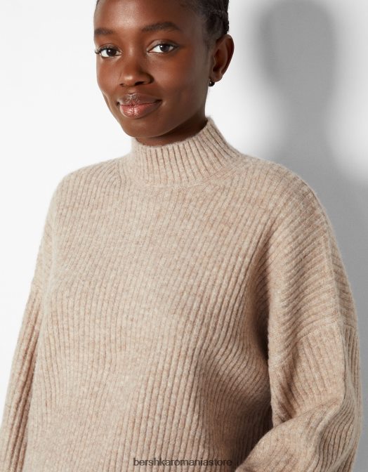 Bershka femei pulover cu coaste cu gât înalt nisip Z86D1005 îmbrăcăminte