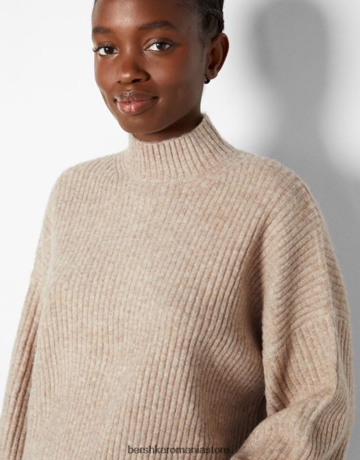 Bershka femei pulover cu coaste cu gât înalt nisip Z86D1007 îmbrăcăminte