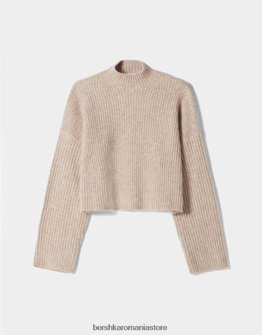 Bershka femei pulover cu coaste cu gât înalt nisip Z86D1007 îmbrăcăminte