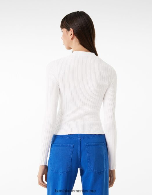 Bershka femei pulover cu decolteu fals cu coaste alb Z86D1023 îmbrăcăminte