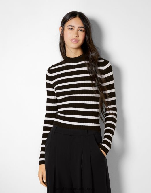 Bershka femei pulover cu decolteu fals cu coaste cremă Z86D1022 îmbrăcăminte