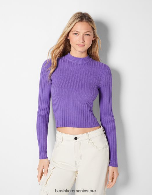 Bershka femei pulover cu decolteu fals cu coaste violet Z86D1025 îmbrăcăminte