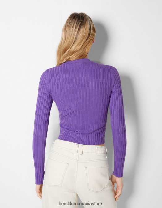 Bershka femei pulover cu decolteu fals cu coaste violet Z86D1025 îmbrăcăminte