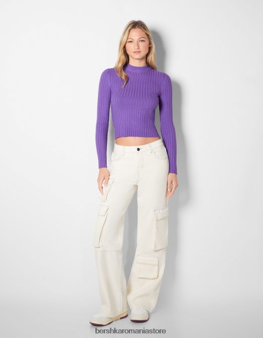 Bershka femei pulover cu decolteu fals cu coaste violet Z86D1025 îmbrăcăminte