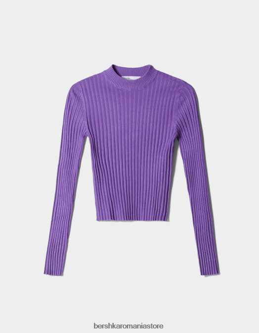 Bershka femei pulover cu decolteu fals cu coaste violet Z86D1025 îmbrăcăminte