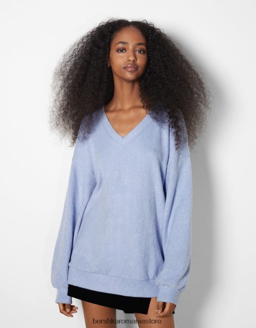 Bershka femei pulover cu decolteu în V albastru Z86D1004 îmbrăcăminte