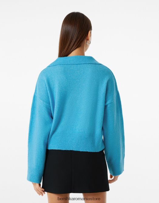Bershka femei pulover cu guler polo albastru Z86D1030 îmbrăcăminte