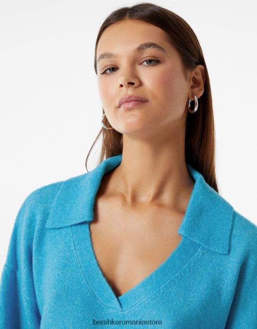 Bershka femei pulover cu guler polo albastru Z86D1030 îmbrăcăminte