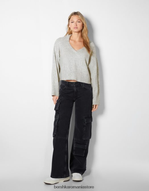 Bershka femei pulover cu guler polo gri Z86D1029 îmbrăcăminte