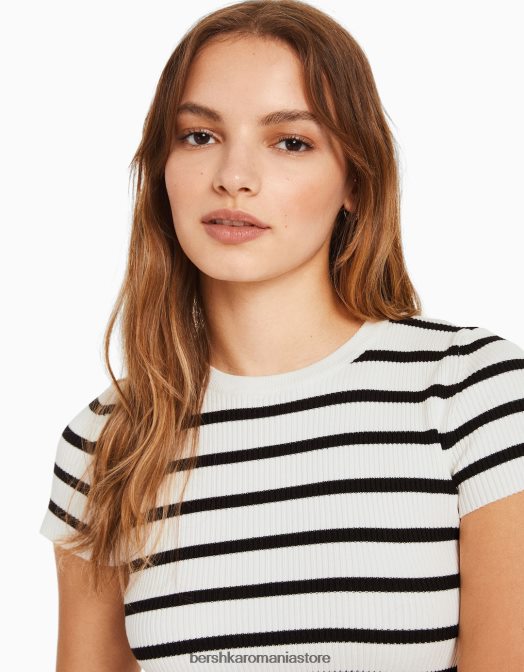 Bershka femei pulover cu mânecă scurtă cu nervuri cremă Z86D611 îmbrăcăminte