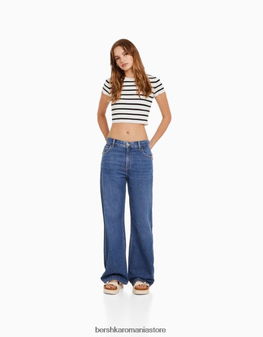 Bershka femei pulover cu mânecă scurtă cu nervuri cremă Z86D611 îmbrăcăminte