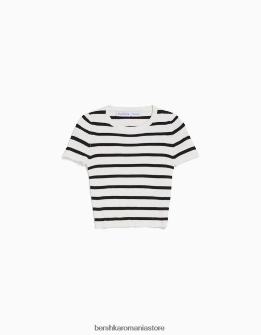 Bershka femei pulover cu mânecă scurtă cu nervuri cremă Z86D611 îmbrăcăminte