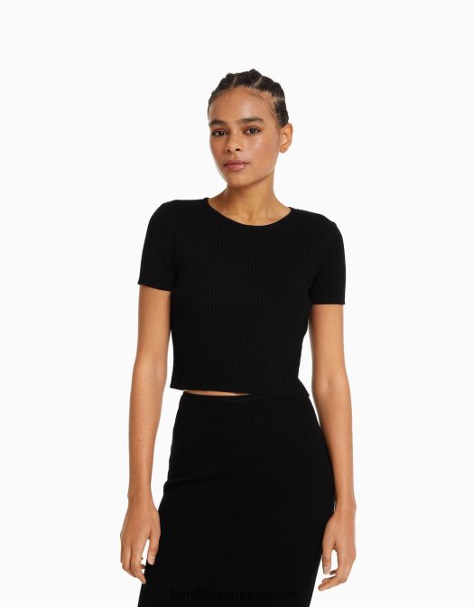 Bershka femei pulover cu mânecă scurtă cu nervuri și spate deschis negru Z86D305 îmbrăcăminte