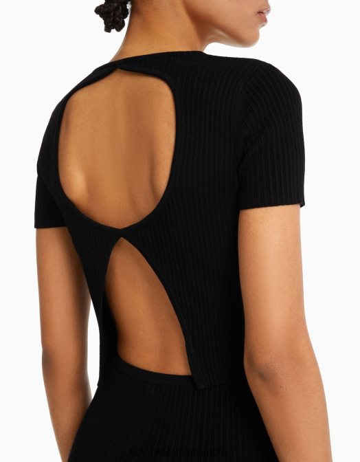 Bershka femei pulover cu mânecă scurtă cu nervuri și spate deschis negru Z86D305 îmbrăcăminte