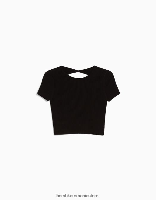 Bershka femei pulover cu mânecă scurtă cu nervuri și spate deschis negru Z86D305 îmbrăcăminte