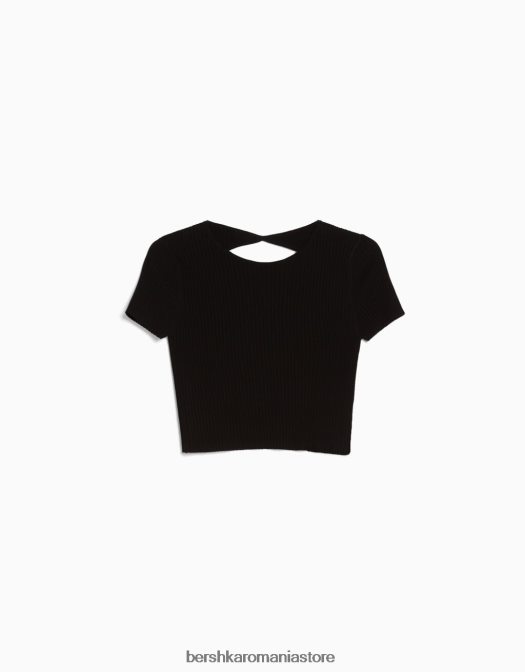 Bershka femei pulover cu mânecă scurtă cu nervuri și spate deschis negru Z86D306 îmbrăcăminte