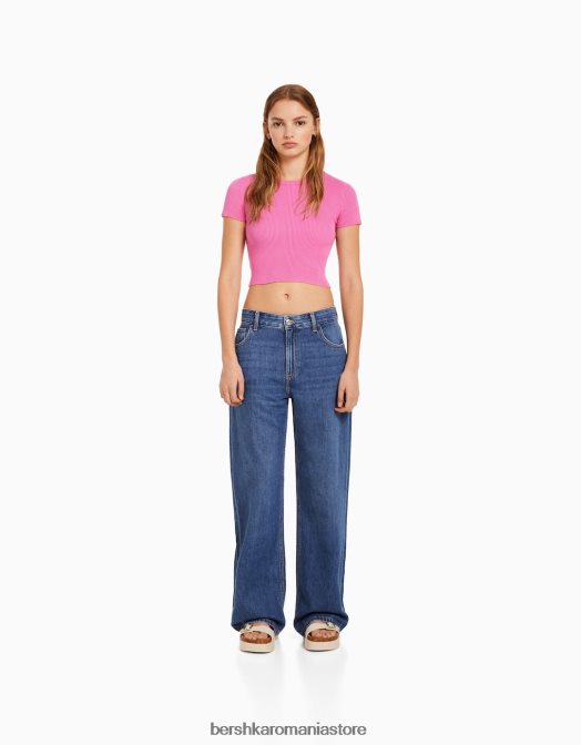 Bershka femei pulover cu mânecă scurtă cu nervuri roz Z86D612 îmbrăcăminte