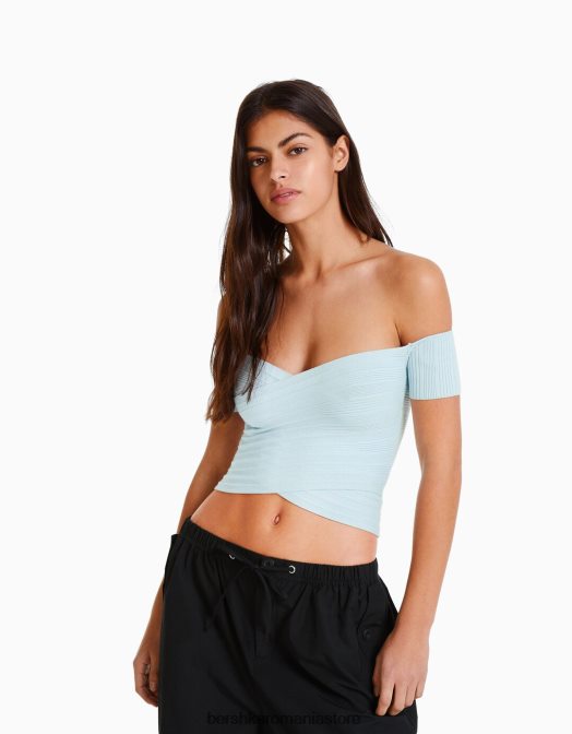 Bershka femei pulover cu maneca scurta cu detaliu incrucisat albastru deschis Z86D414 îmbrăcăminte