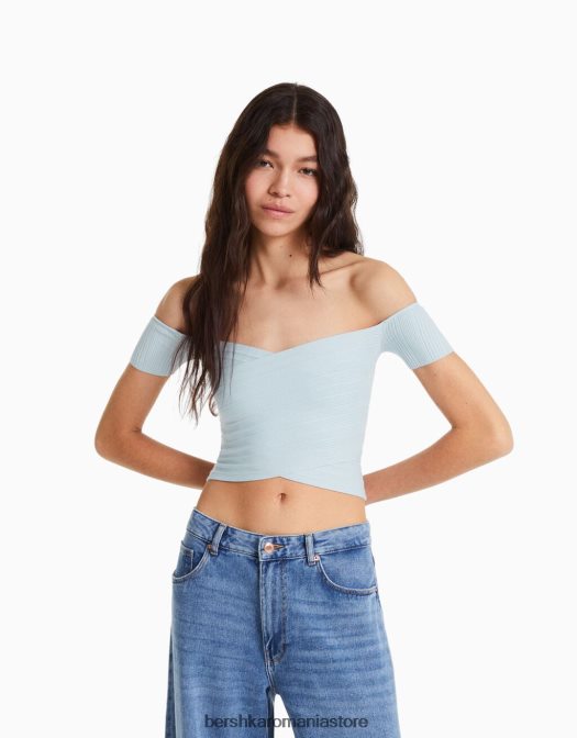 Bershka femei pulover cu maneca scurta cu detaliu incrucisat albastru deschis Z86D867 îmbrăcăminte