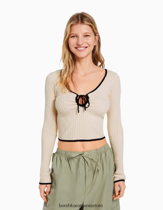 Bershka femei pulover cu maneci lungi cu nervuri, cu decolteu cu fundita cremă Z86D1027 îmbrăcăminte