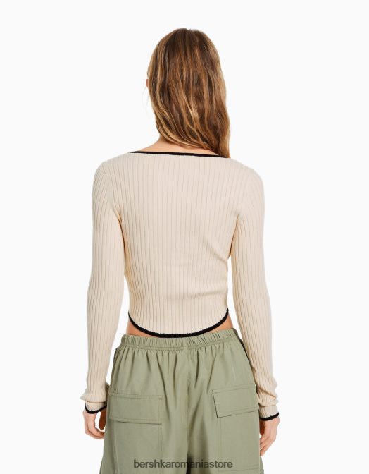 Bershka femei pulover cu maneci lungi cu nervuri, cu decolteu cu fundita cremă Z86D1027 îmbrăcăminte