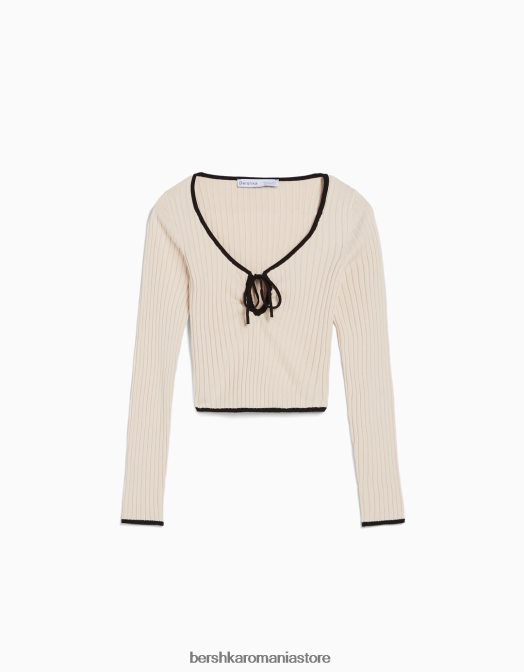 Bershka femei pulover cu maneci lungi cu nervuri, cu decolteu cu fundita cremă Z86D1027 îmbrăcăminte