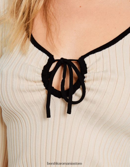 Bershka femei pulover cu maneci lungi cu nervuri, cu decolteu cu fundita cremă Z86D1027 îmbrăcăminte