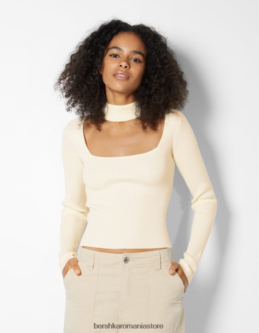 Bershka femei pulover cu un design de colier choker din material textil cremă Z86D1040 îmbrăcăminte