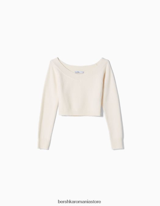 Bershka femei pulover decoltat cu decolteu în V cremă Z86D1091 îmbrăcăminte