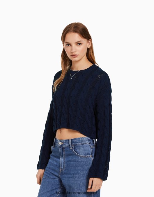 Bershka femei pulover din tricot cu cablu albastru Z86D1087 îmbrăcăminte