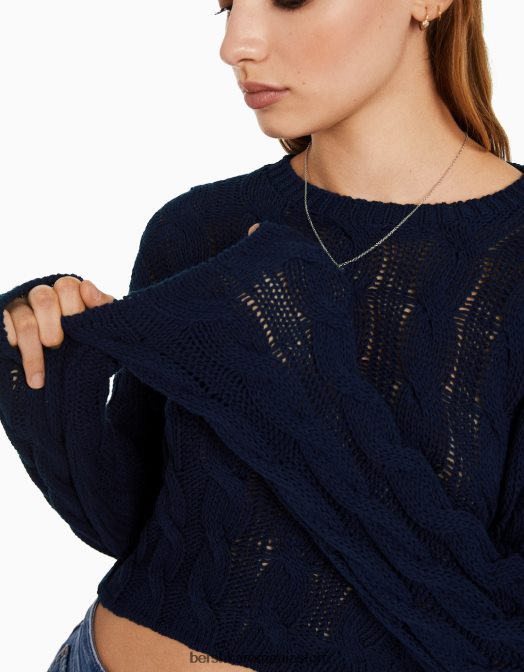 Bershka femei pulover din tricot cu cablu albastru Z86D1087 îmbrăcăminte