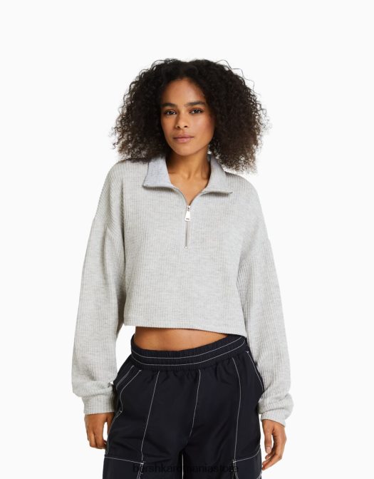 Bershka femei pulover din tricot cu gât înalt cu fermoar gri Z86D1044 îmbrăcăminte